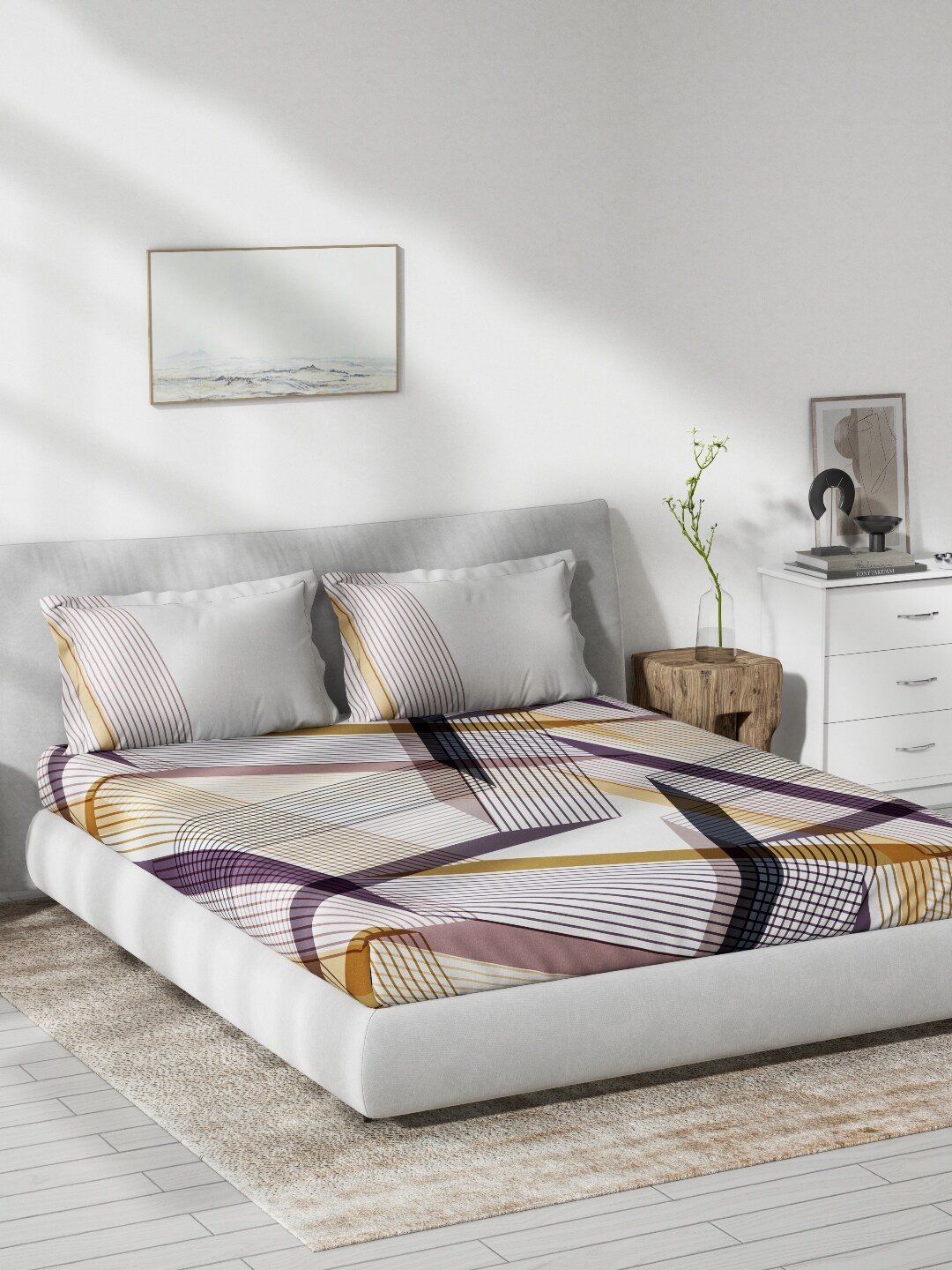 DDecor White & Purple 130 TC King Bedsheet with 2 Pillow Covers