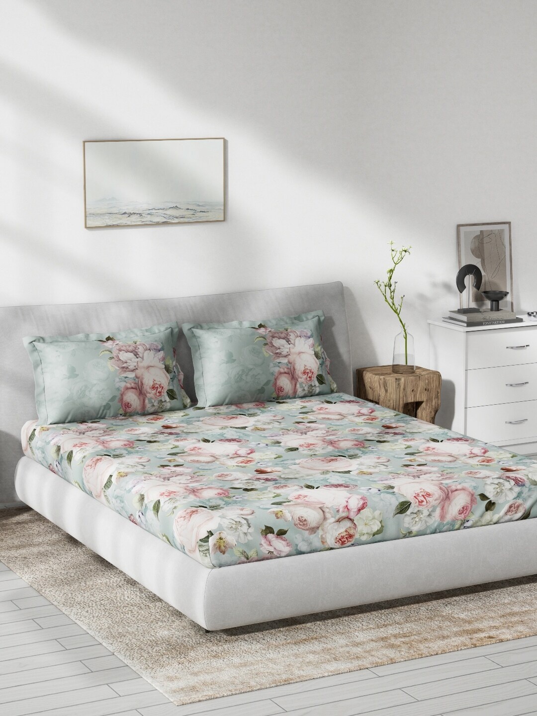 DDecor Pink & Grey Floral 130 TC Queen Bedsheet with 2 Pillow Covers