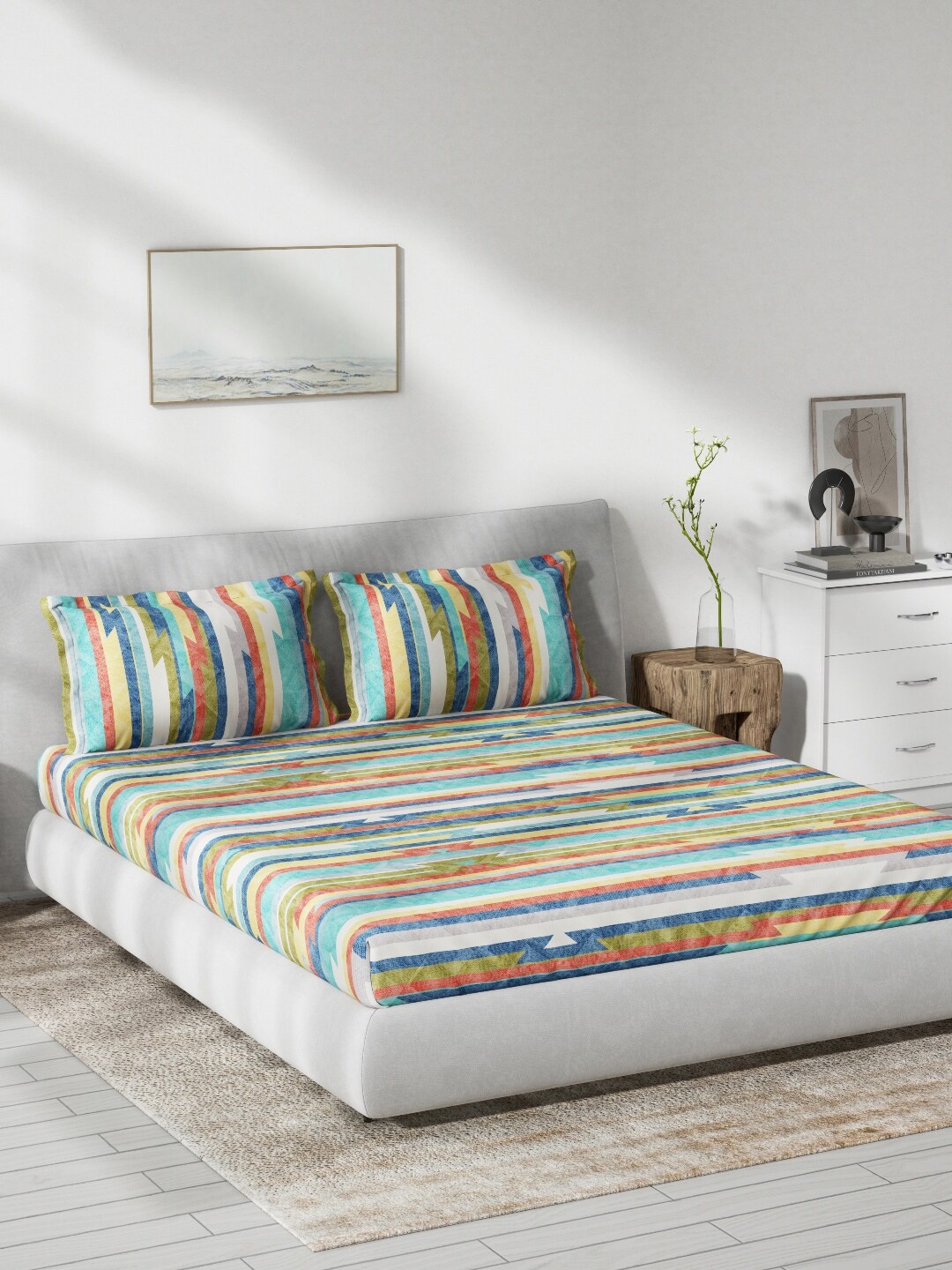 

DDecor Blue & Green Striped 130 TC Queen Bedsheet with 2 Pillow Covers