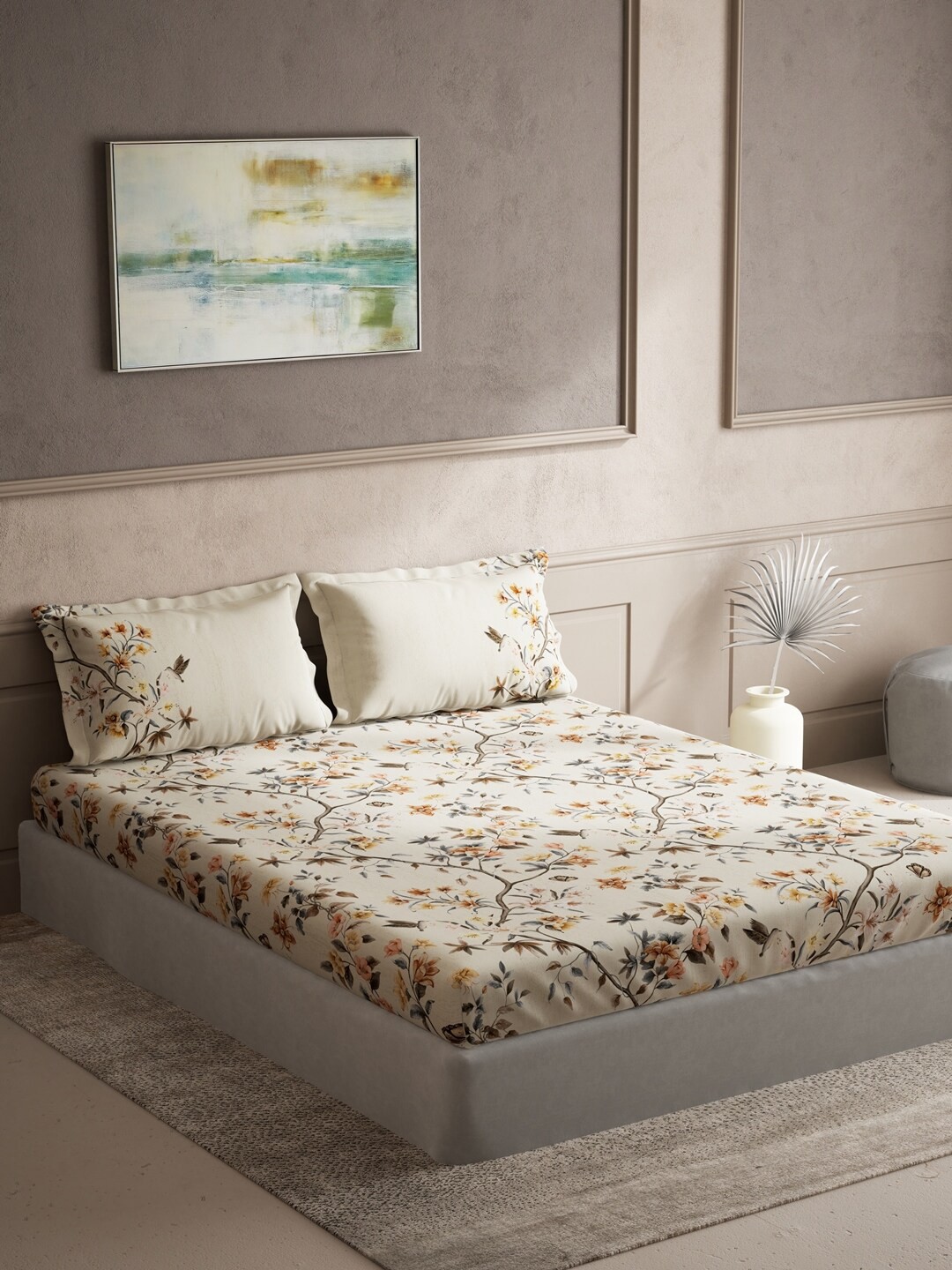 

DDecor Beige & Blue Floral 144 TC Queen Bedsheet with 2 Pillow Covers