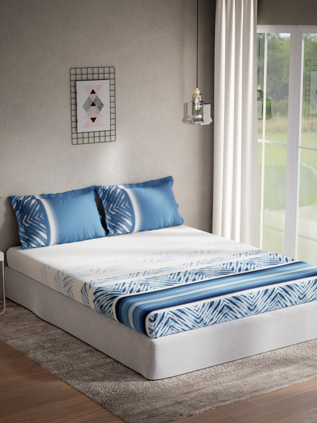 

DDecor Blue & White Geometric 130 TC Queen Bedsheet with 2 Pillow Covers