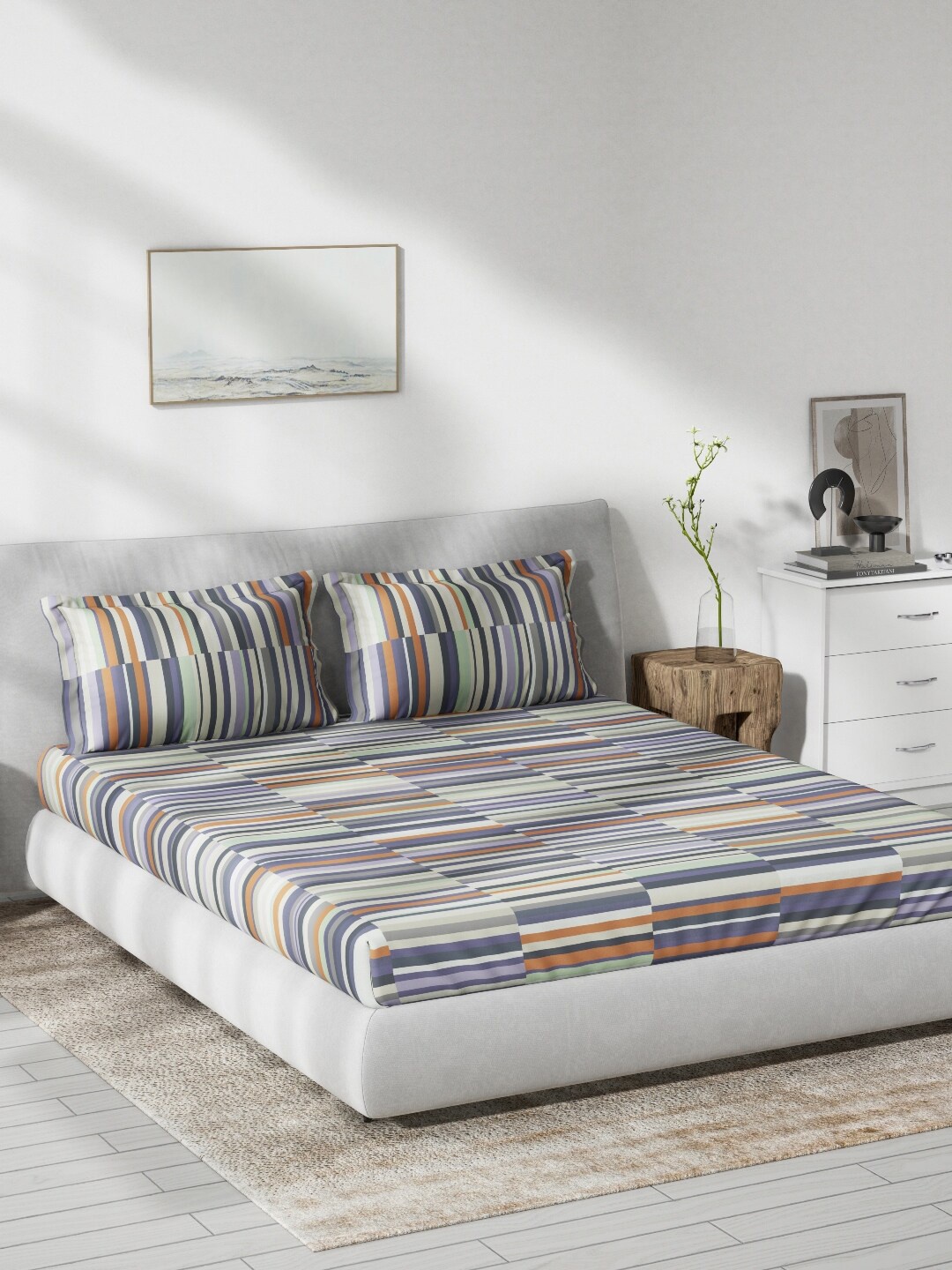 

DDecor Off White & Blue Striped 130 TC Queen Bedsheet with 2 Pillow Covers