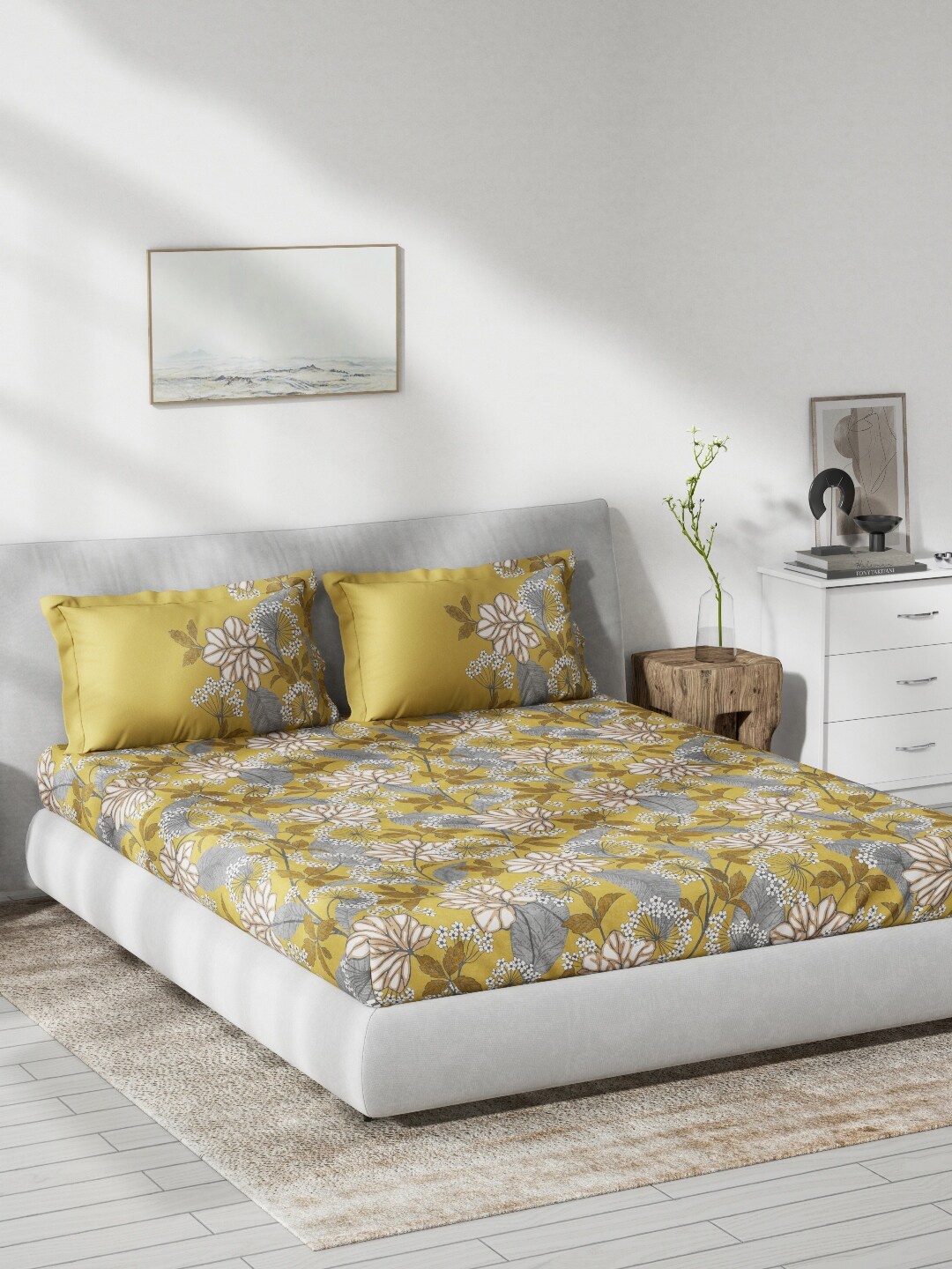 

DDecor Yellow & Grey Floral 130 TC Queen Bedsheet with 2 Pillow Covers
