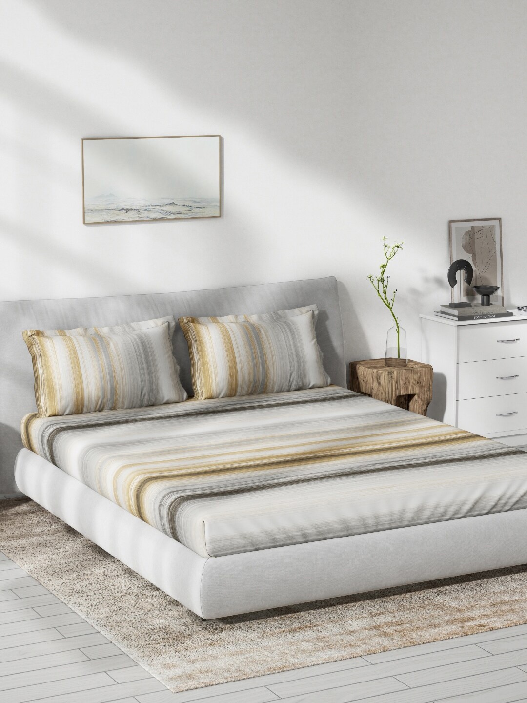 

DDecor Beige & Grey Striped 130 TC Queen Bedsheet with 2 Pillow Covers