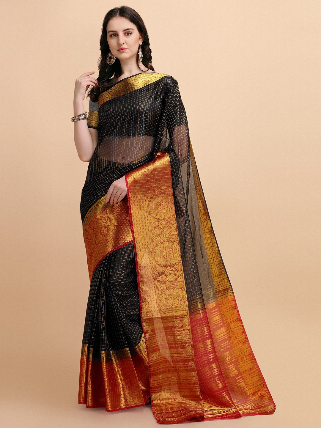 

TEREZA Black & Maroon Checked Zari Organza Banarasi Saree