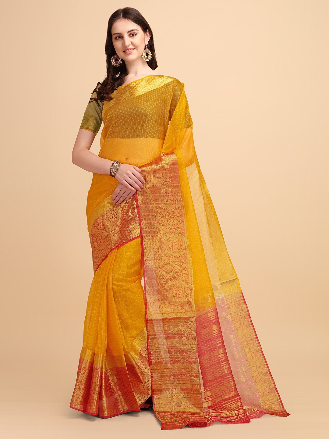 

TEREZA Yellow & Gold-Toned Checked Zari Organza Banarasi Saree