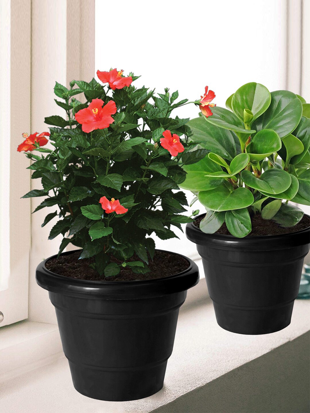 

Kuber Industries Pack of 8 Black Solid Layered Plastic Planters With Drainage Hole