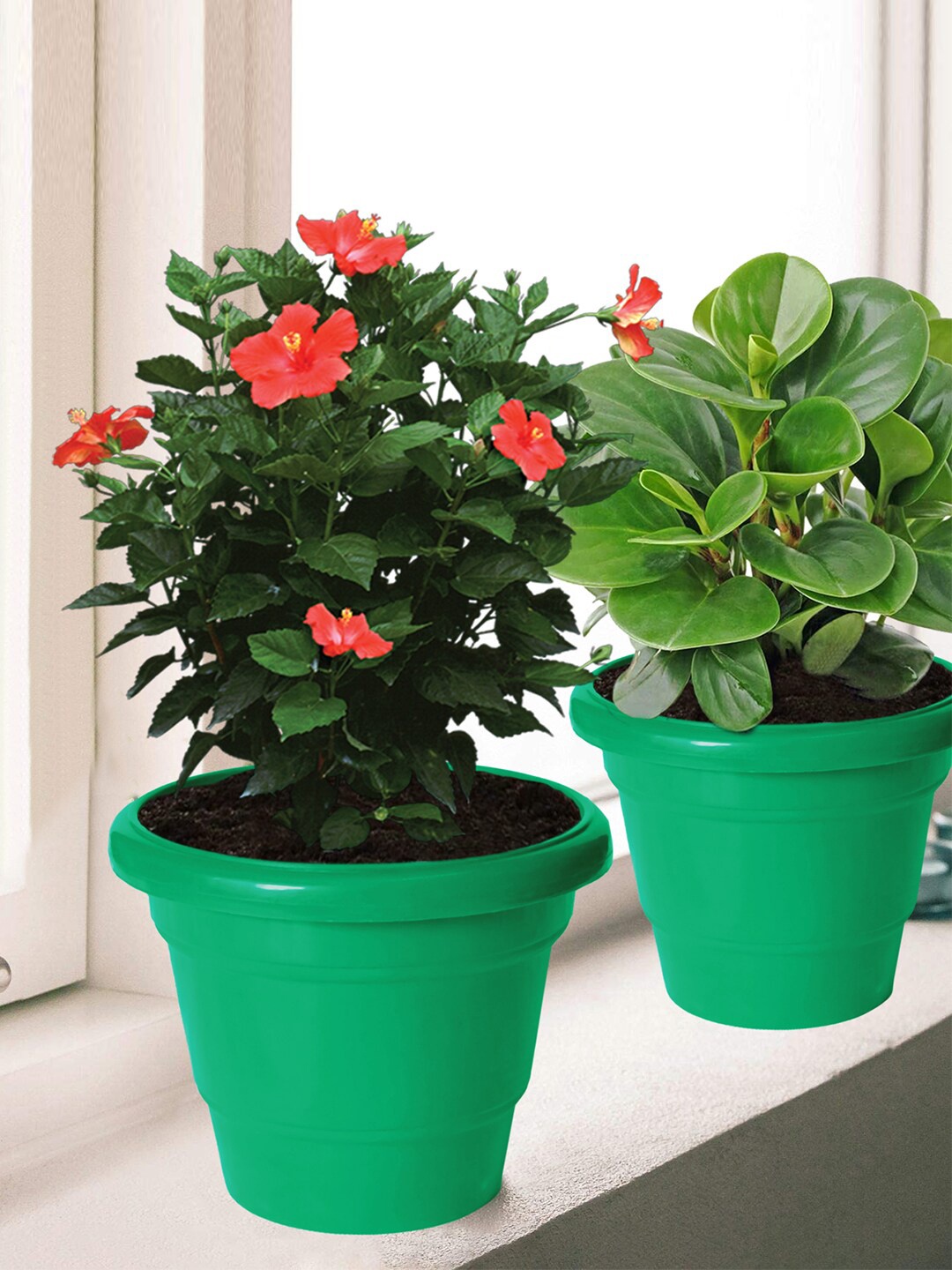 

Kuber Industries Pack of 10 Green Solid Layered Plastic Planters With Drainage Hole