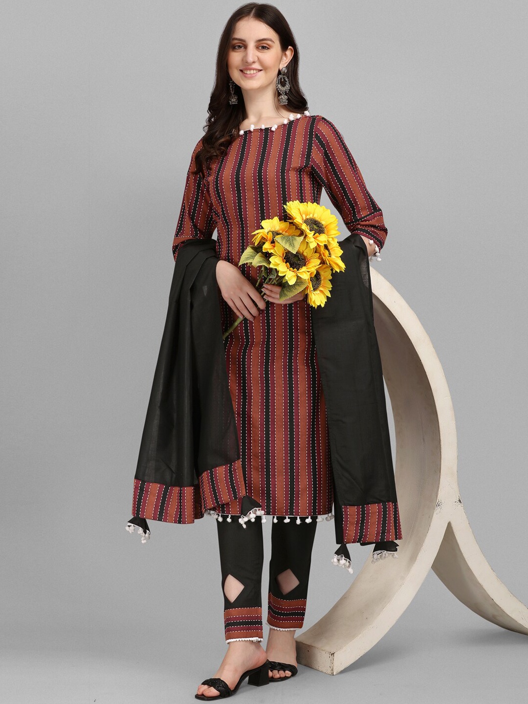 

KALINI Women Brown Striped Cotton Blend Straight Kurta with Trousers & With Dupatta