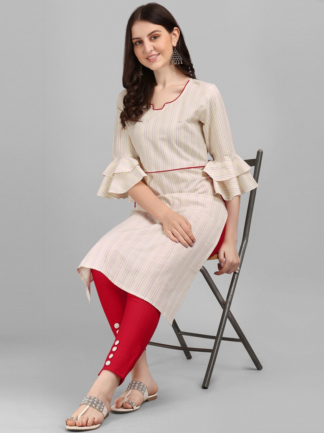 

KALINI Women Beige Striped Printed Cotton Blend Straight Kurta with Trousers
