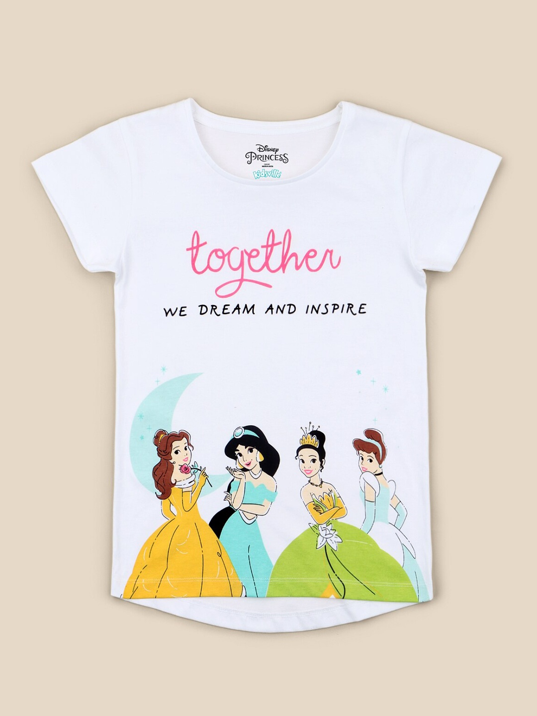 

Kids Ville Girls White Disney Princess Printed Pure Cotton T-shirt