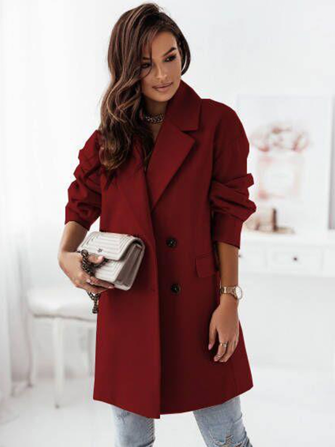 

BoStreet Women Maroon Solid Longline Over Coat