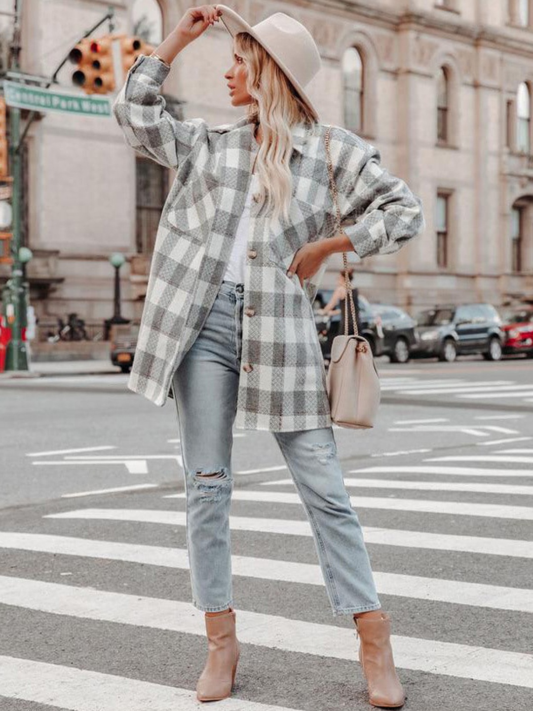 

BoStreet Women Grey Checked Longline Over Coats