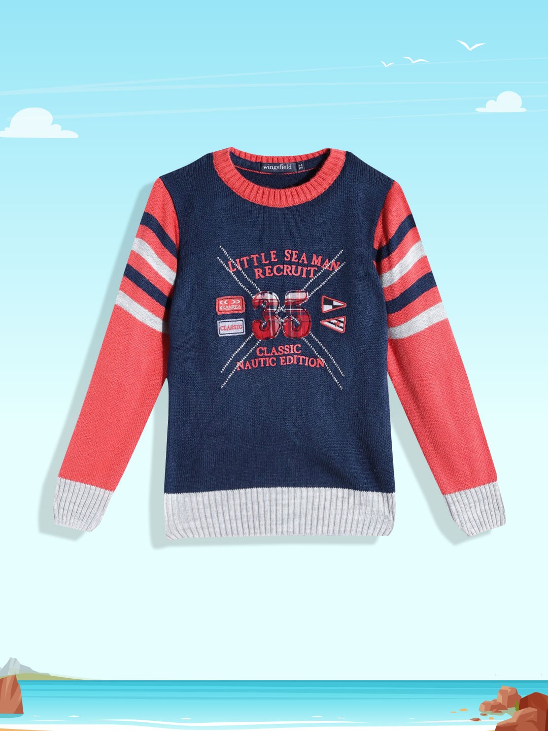 

Wingsfield Boys Blue & Peach-Coloured Typography Printed Acrylic Pullover
