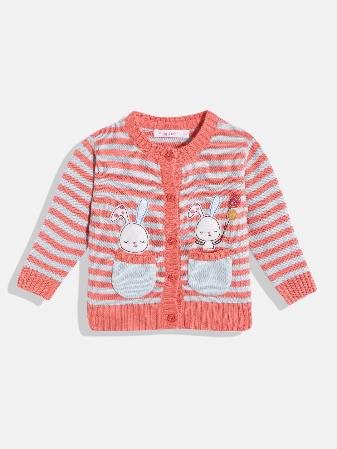 

Wingsfield Girls Peach-Coloured & Grey Striped Front Open Sweater with Applique Detail