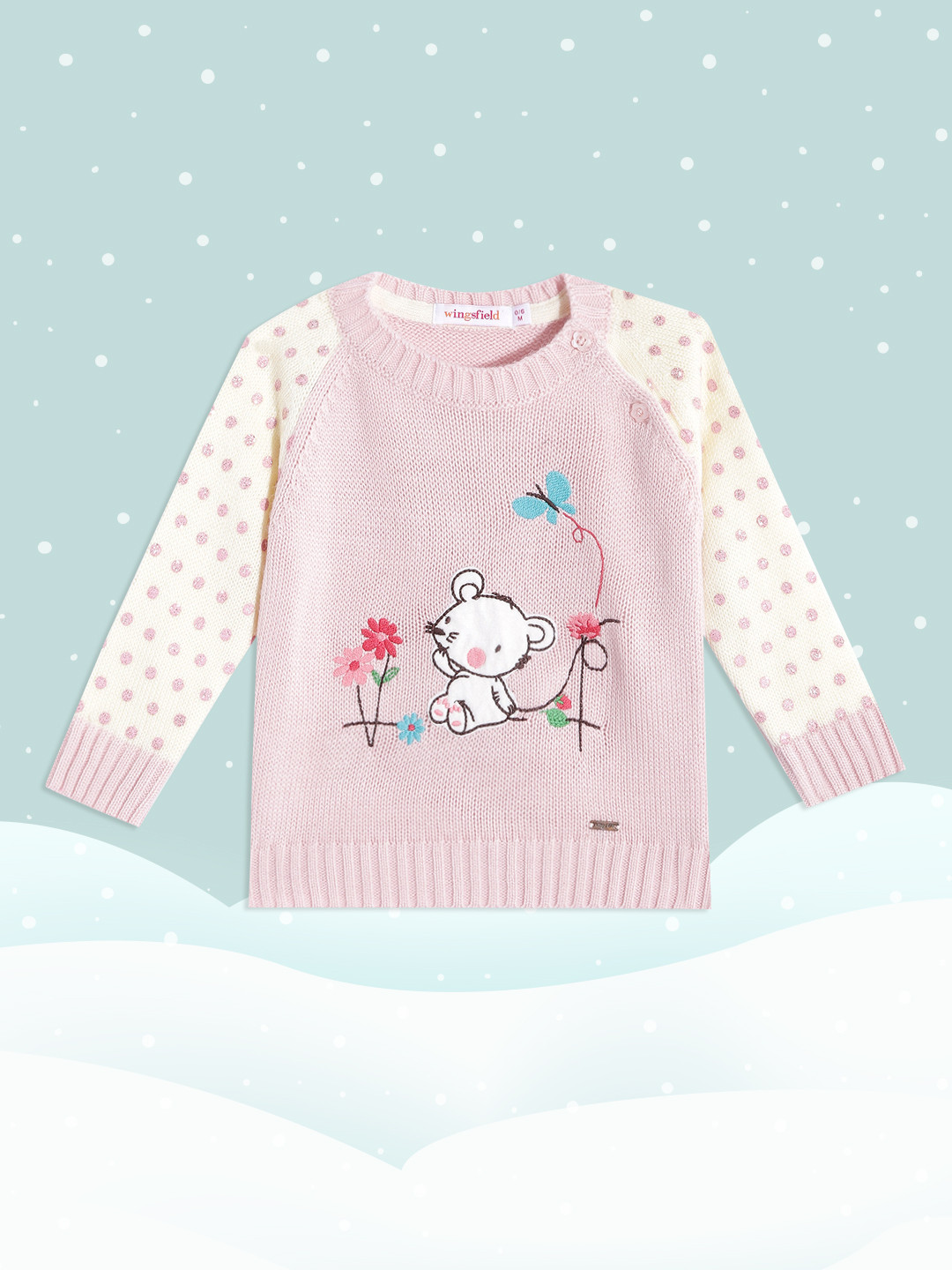 

Wingsfield Girls Pink & Cream-Coloured Graphic Printed Pullover