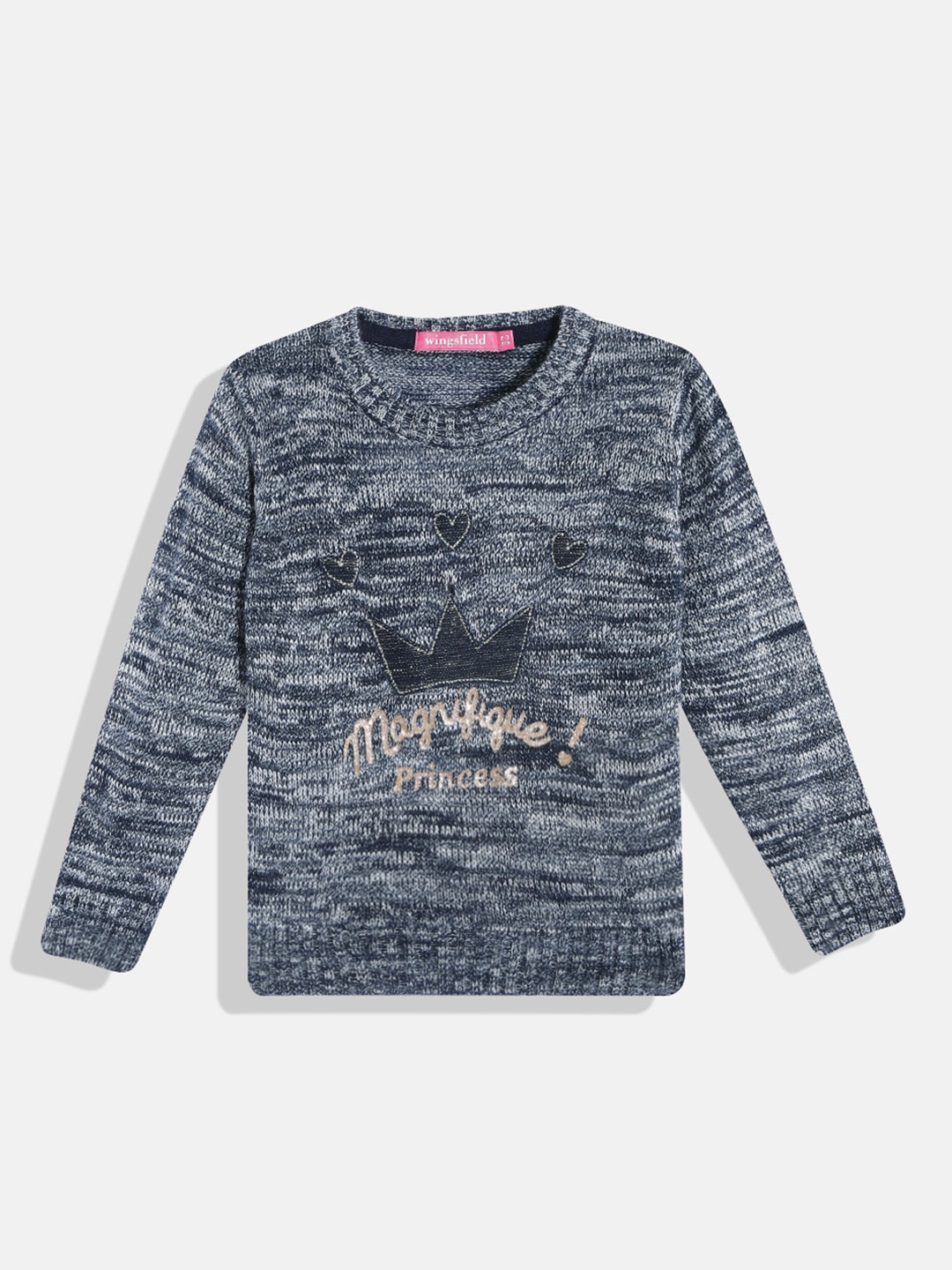 

Wingsfield Girls Blue Melange Typography Printed Pullover