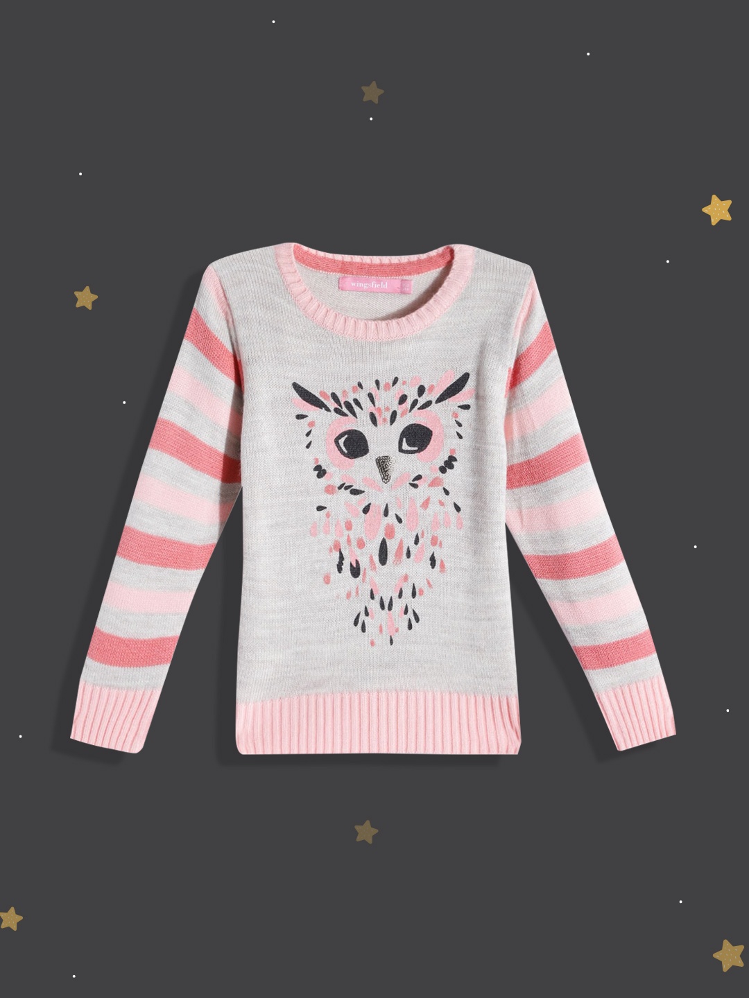 

Wingsfield Girls Grey Melange & Black Printed Pullover