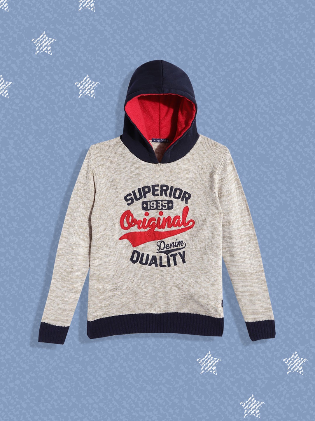 

Wingsfield Boys Beige & Navy Blue Typography Printed Acrylic Pullover