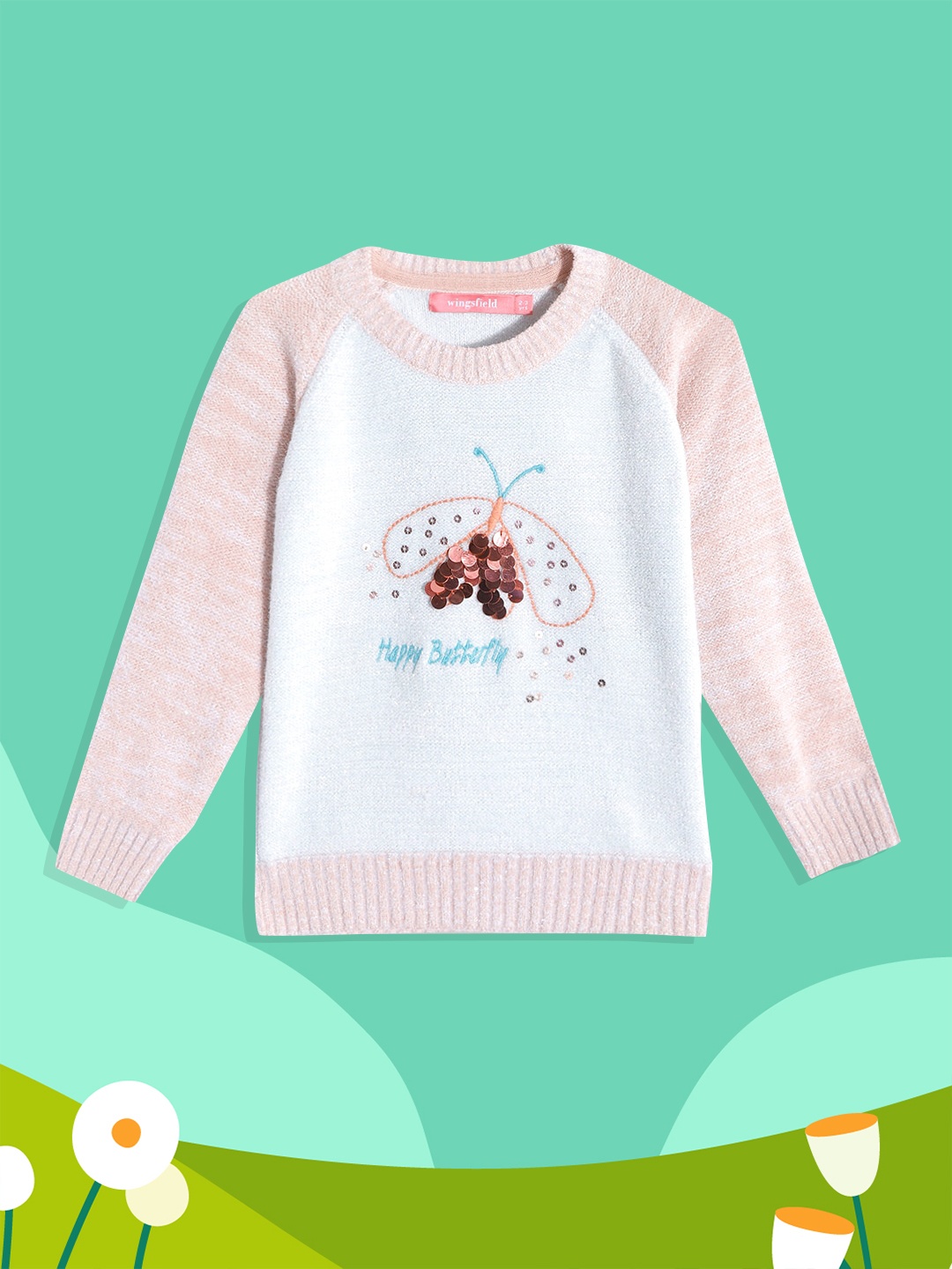 

Wingsfield Girls Sea Green & Beige Printed Pullover with Embellished Detail
