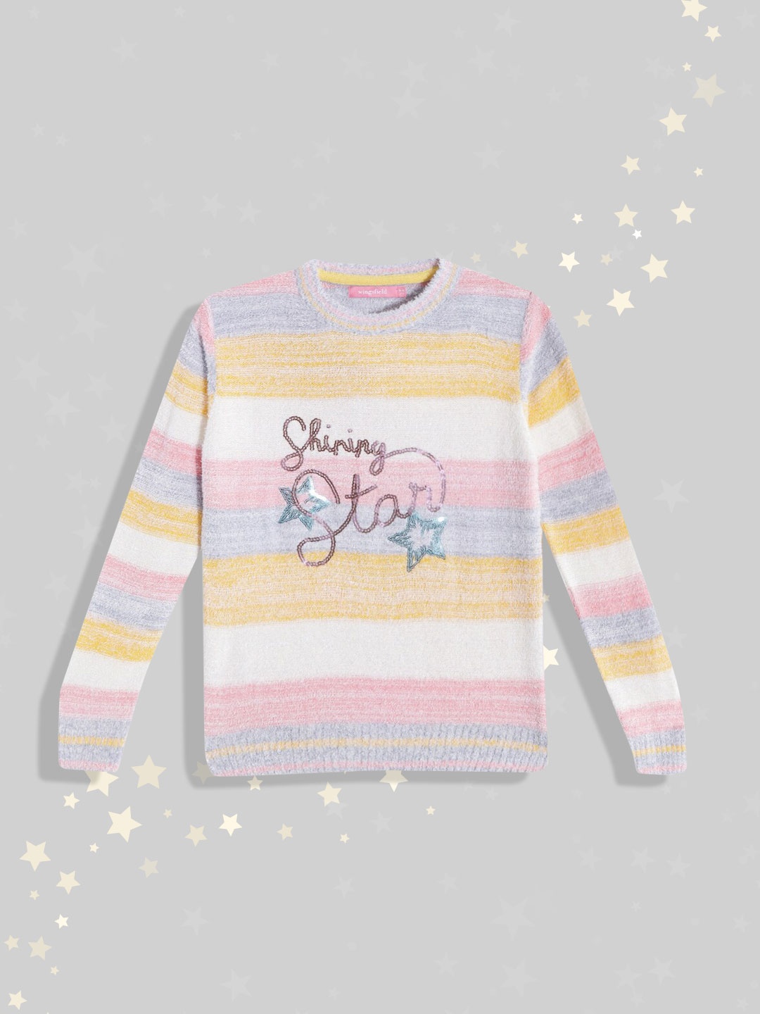 

Wingsfield Girls Grey & Yellow Striped Pullover with Embellished Detail