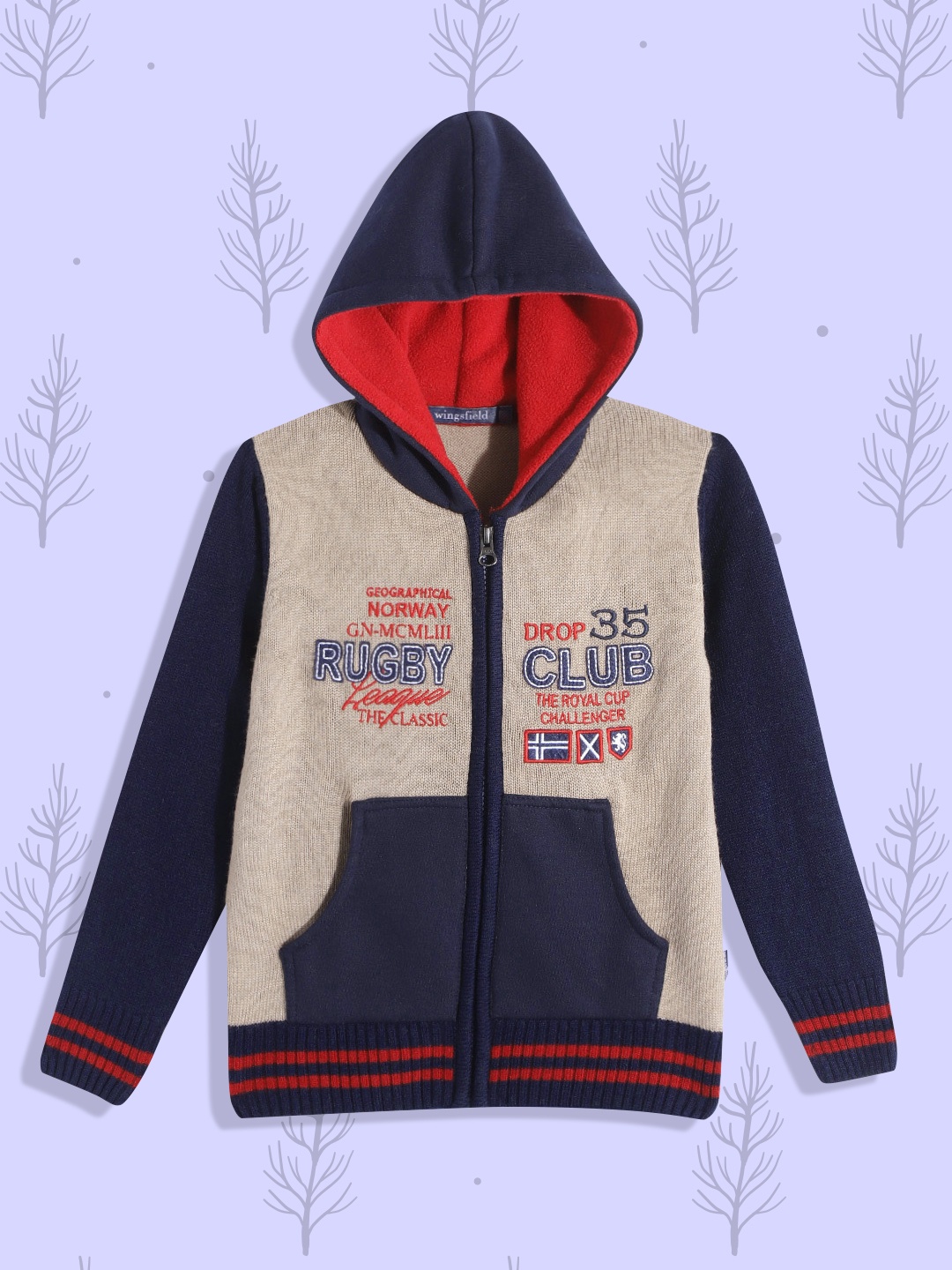 

Wingsfield Boys Beige & Navy Blue Typography Printed Cardigan with Applique Detail