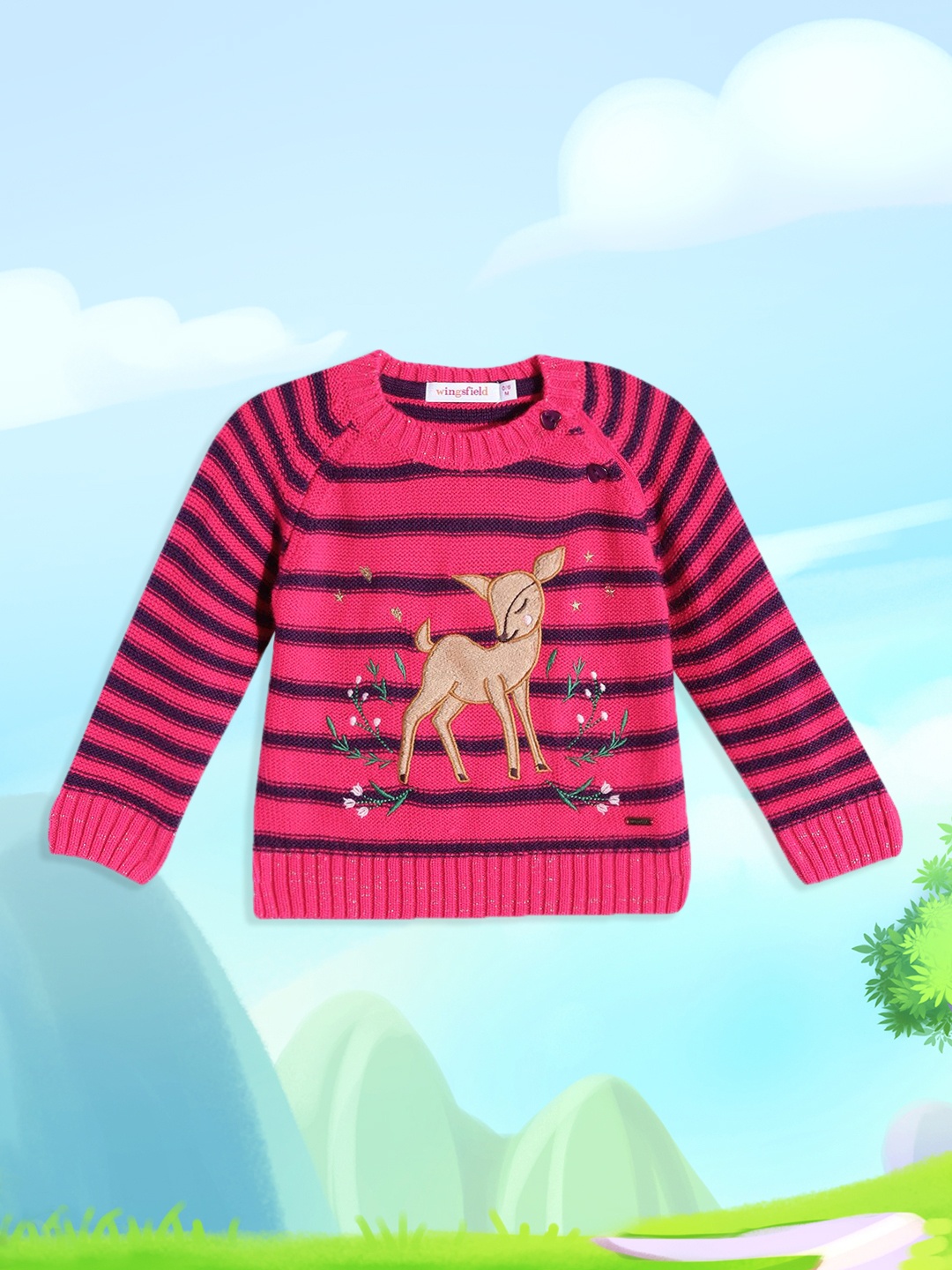 

Wingsfield Girls Pink & Navy Blue Striped Pullover