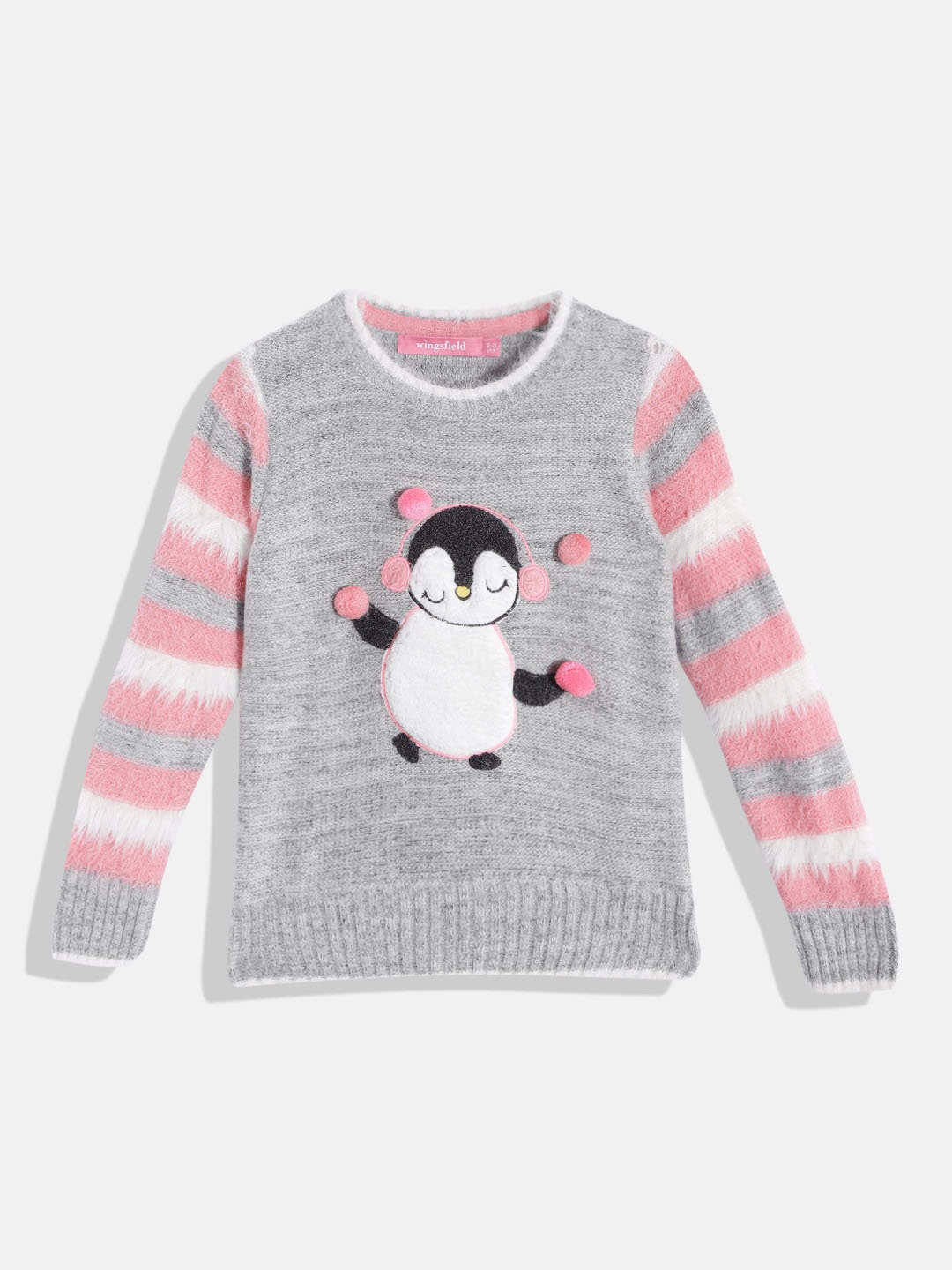 

Wingsfield Girls Grey Melange & White Printed Pullover with Applique Detail