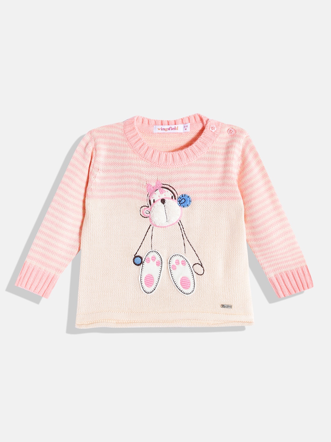 

Wingsfield Girls Peach-Coloured & Pink Printed Pullover with Applique Detail