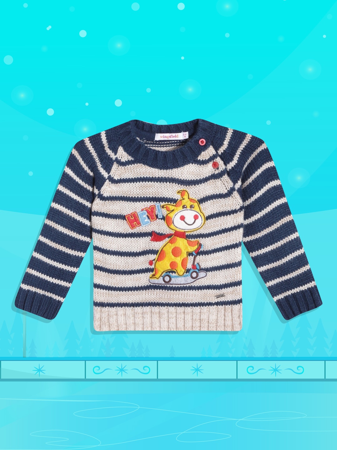 

Wingsfield Boys Beige & Blue Striped Pullover with Applique Detail