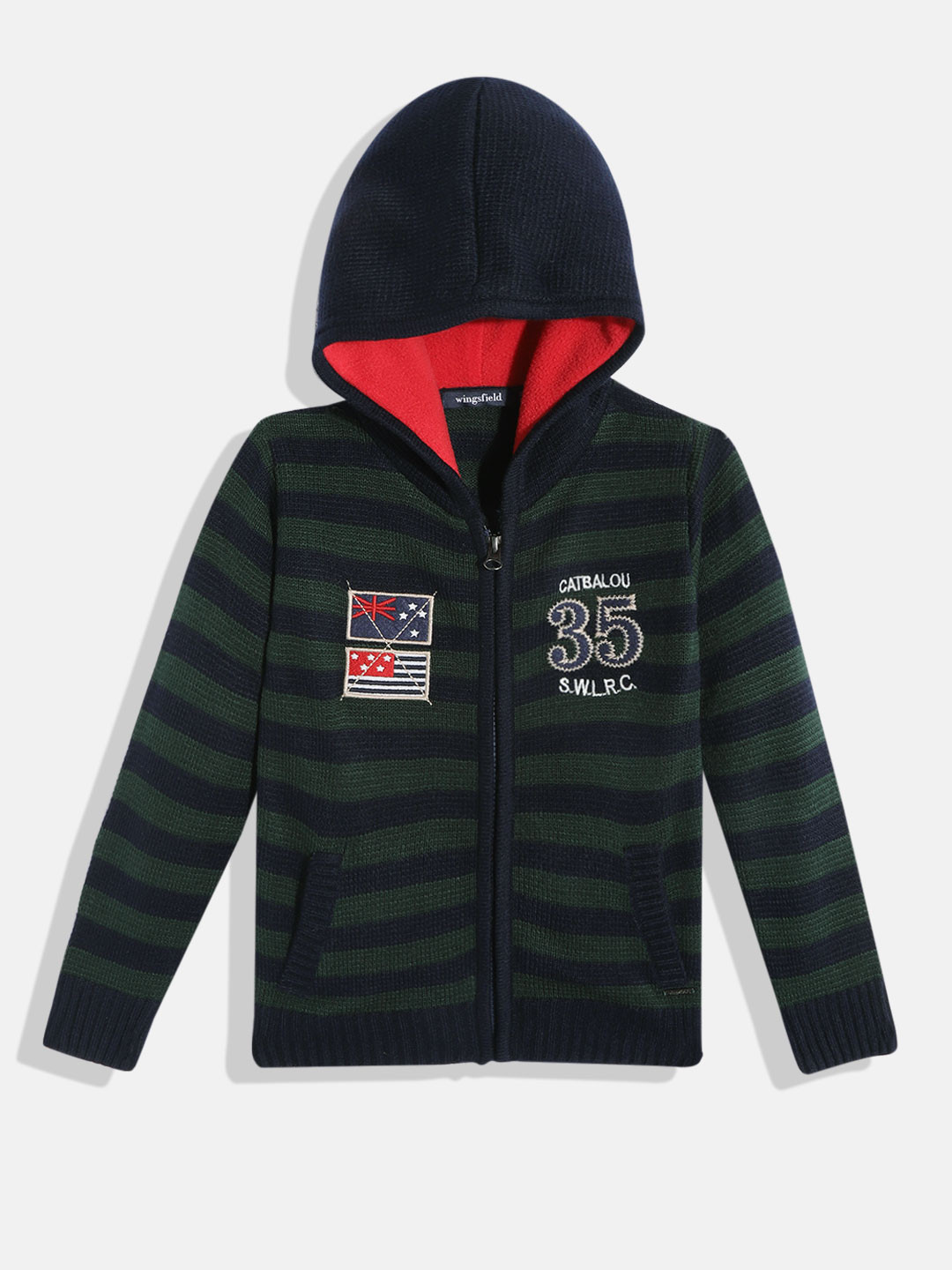 

Wingsfield Boys Green & Navy Blue Striped Front Open Hooded Sweater with Applique Detail