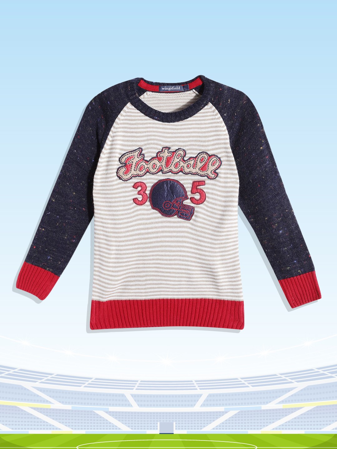 

Wingsfield Boys Beige & Navy Blue Striped Acrylic Pullover with Applique Detail