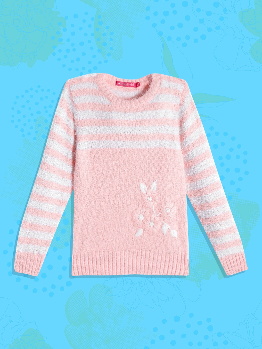 

Wingsfield Girls Peach-Coloured & White Striped Pullover with Embroidered Detail