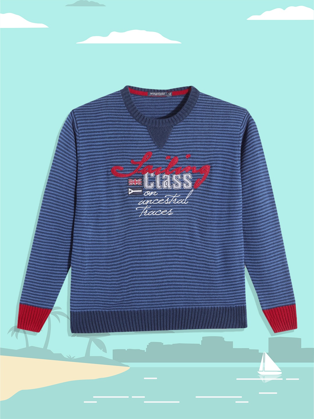 

Wingsfield Boys Navy Blue Striped Pullover with Applique Detail