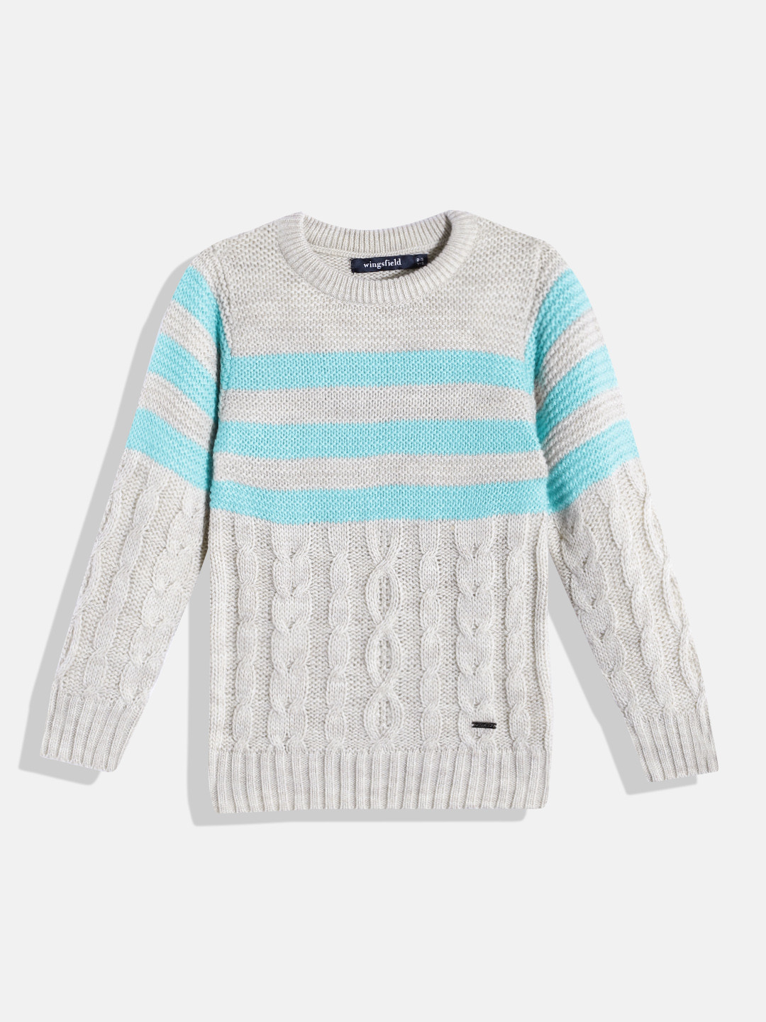 

Wingsfield Boys Grey & Blue Cable Knit Striped Pullover