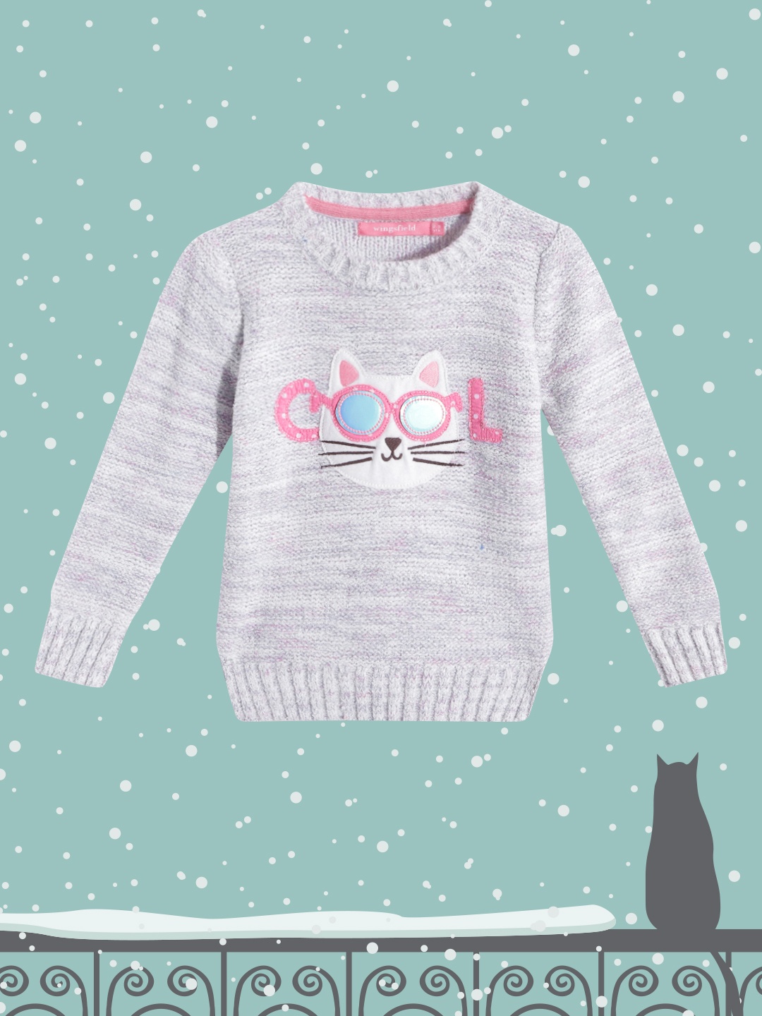 

Wingsfield Girls Blue Typography Striped Pullover with Applique Detail