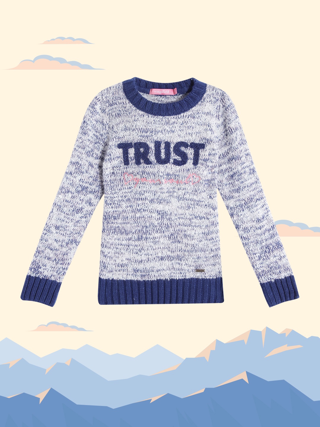 

Wingsfield Girls Navy Blue Typography Pullover with Applique Detail