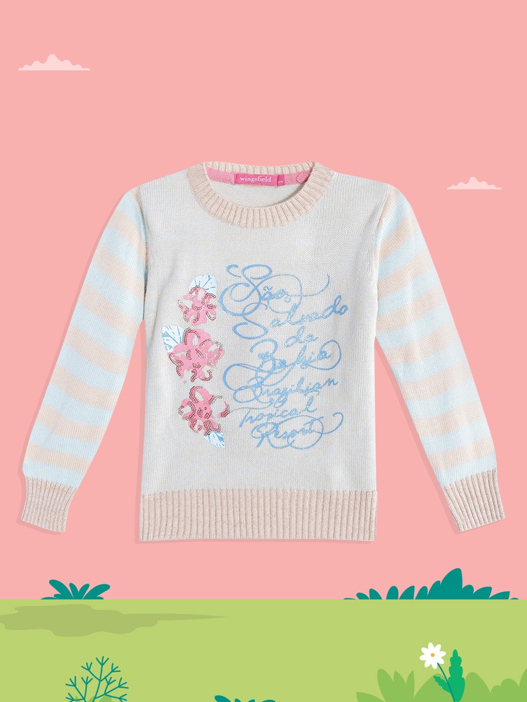

Wingsfield Girls Blue & Beige Typography Printed Pullover