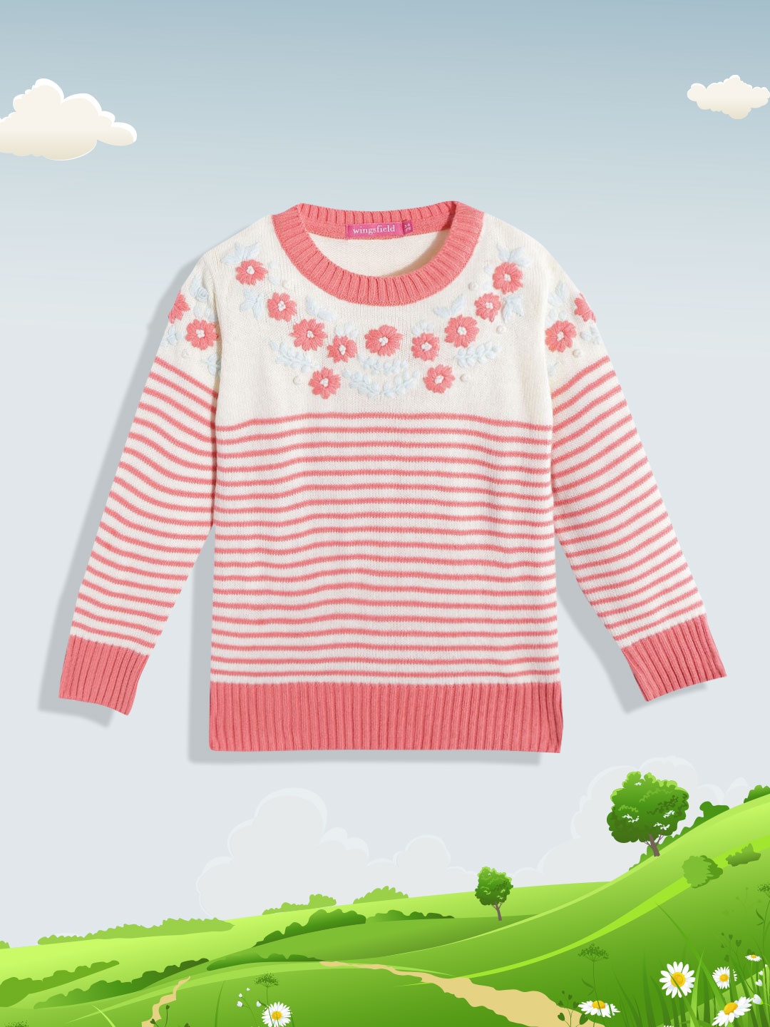 

Wingsfield Girls Peach-Coloured & White Striped Pullover