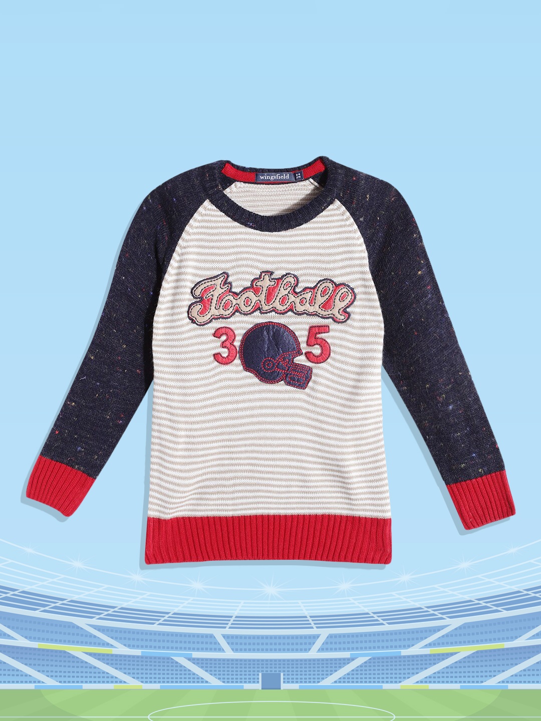 

Wingsfield Boys Beige & Navy Blue Striped Acrylic Pullover with Applique Detail