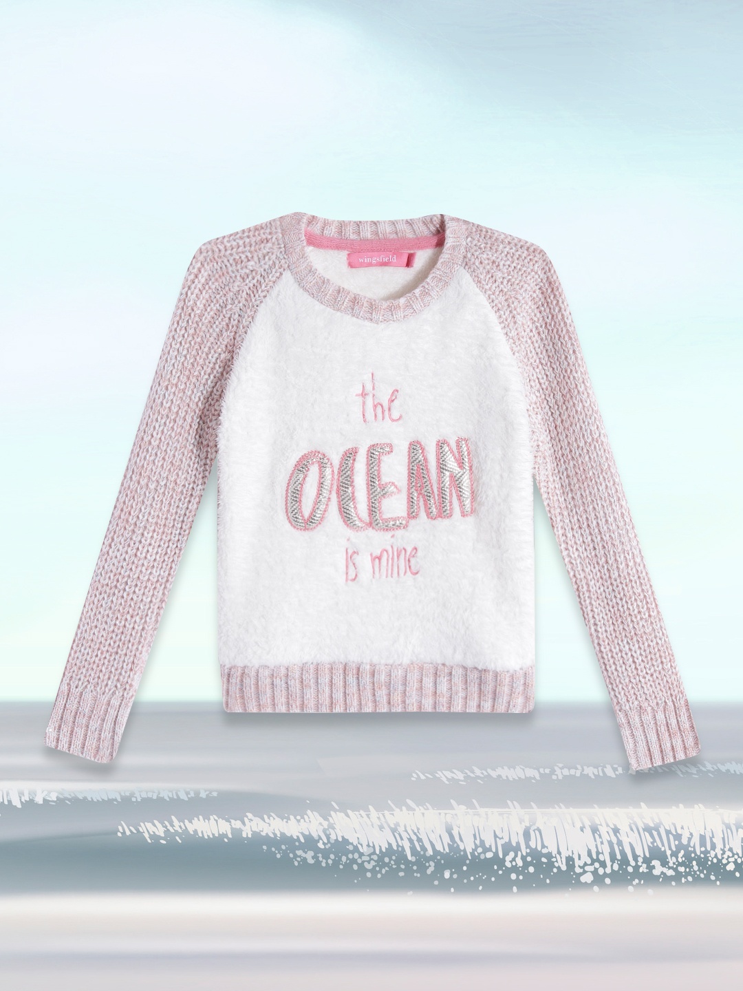 

Wingsfield Girls White & Taupe Typography Pullover with Applique Detail