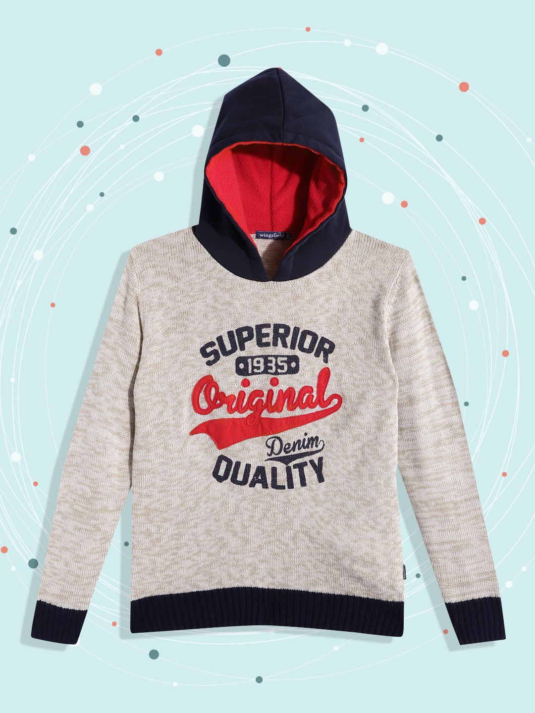 

Wingsfield Boys Beige & Navy Blue Typography Printed Acrylic Pullover