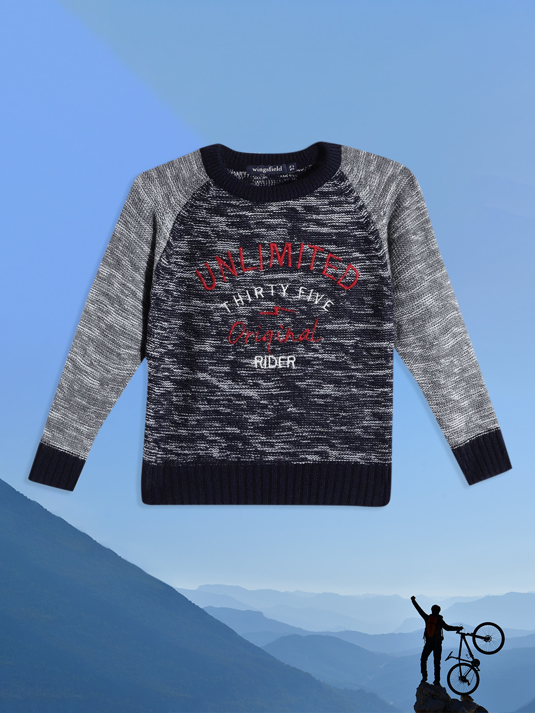 

Wingsfield Boys Navy Blue & Grey Typography Acrylic Pullover