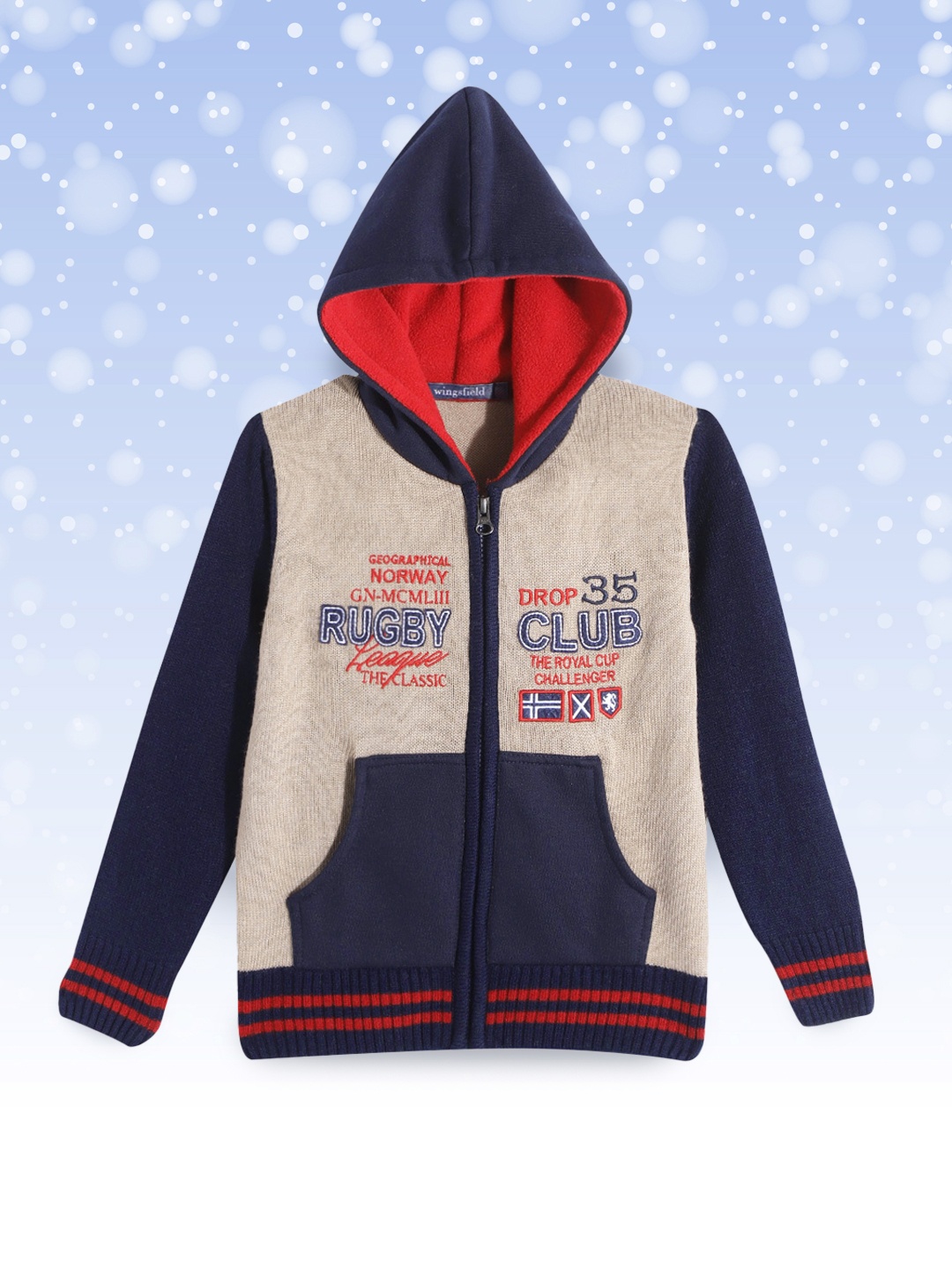 

Wingsfield Boys Beige & Navy Blue Typography Printed Cardigan