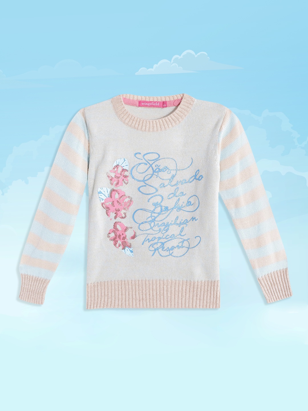 Wingsfield Girls Grey & Beige Typography Printed Pullover