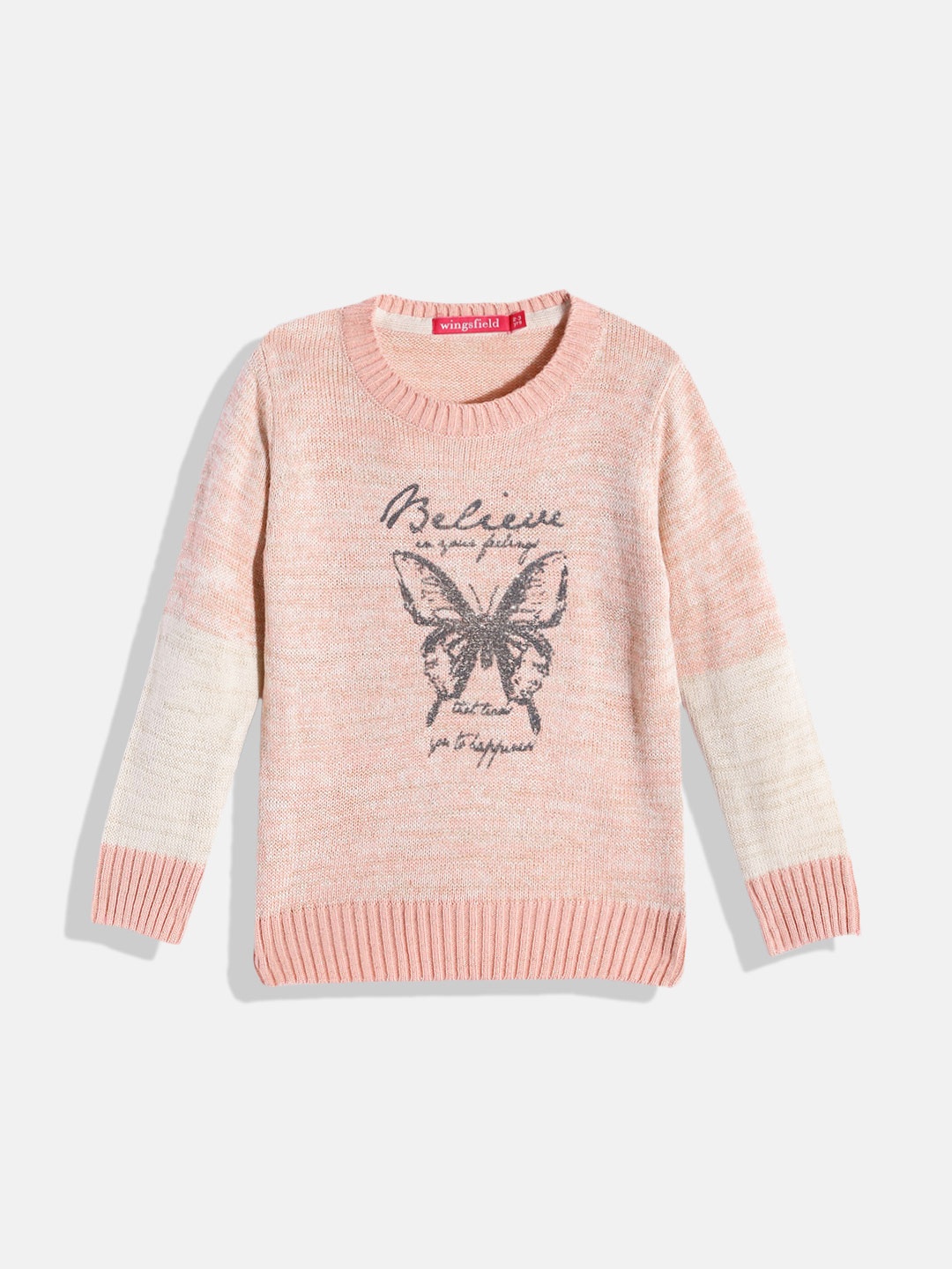 

Wingsfield Girls Peach-Coloured Graphic Printed Pullover