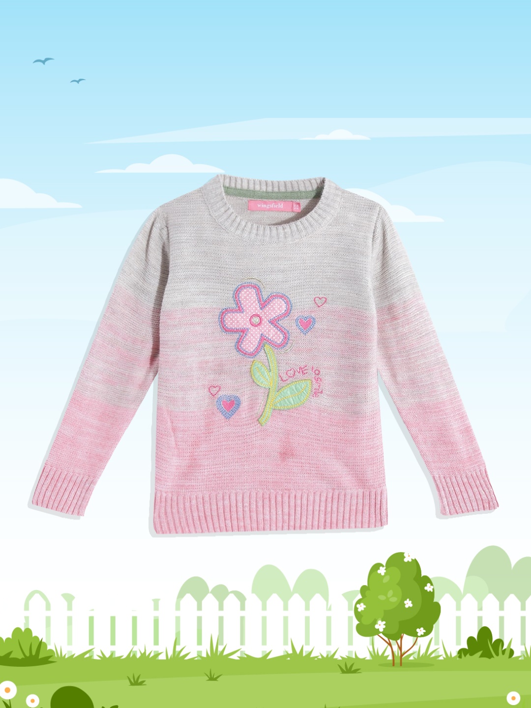 

Wingsfield Girls Pink & Grey Floral Pullover with Applique Detail