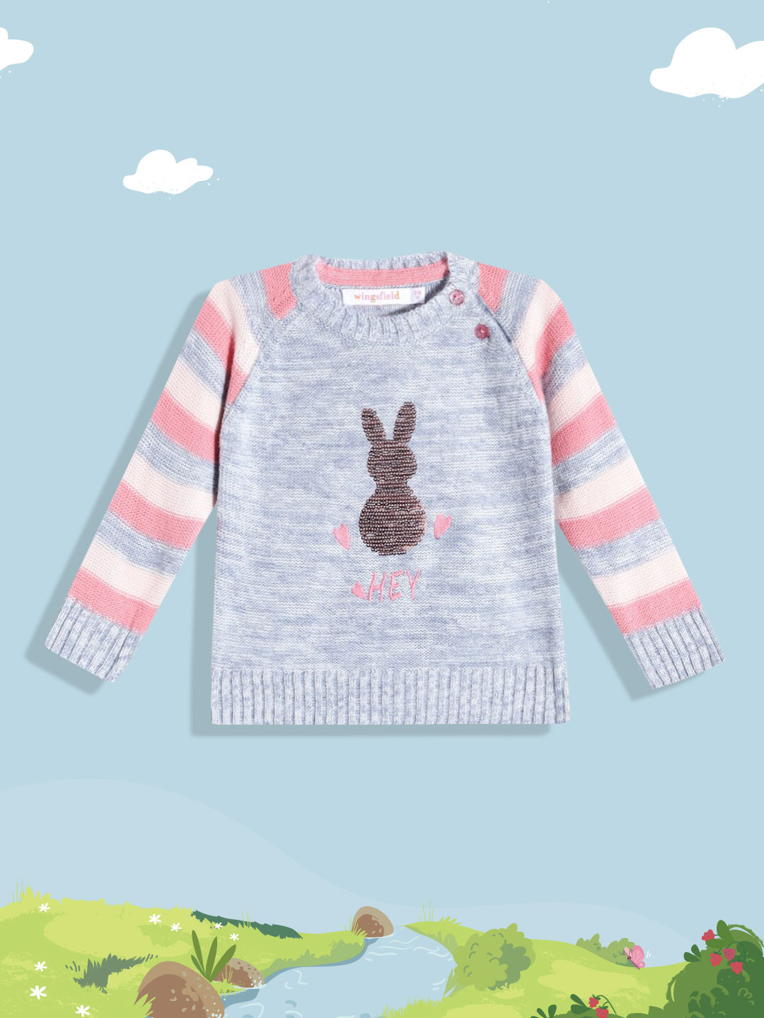 

Wingsfield Girls Blue & Pink Solid Pullover with Bear Sequin Embellished Detail