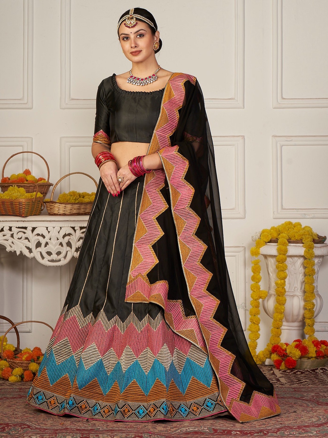 

Atsevam Black & Pink Embroidered Semi-Stitched Lehenga Choli