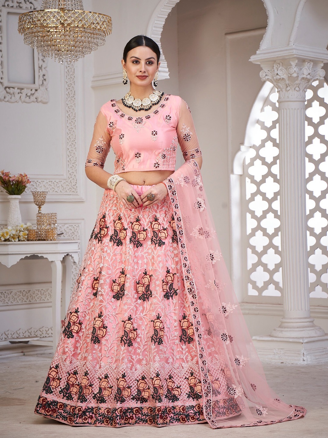 

Atsevam Pink & Maroon Embroidered Thread Work Semi-Stitched Lehenga & Unstitched Blouse With Dupatta